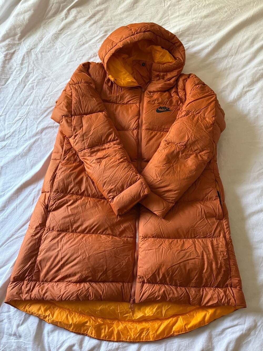 Nike Reversible Puffer Jacket Long Parka Orange Yellow Hooded